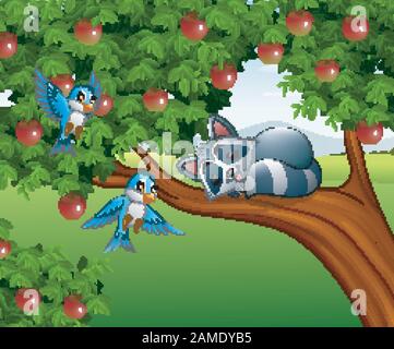 Cartoon raccoon sleep on the apple tree Stock Vector