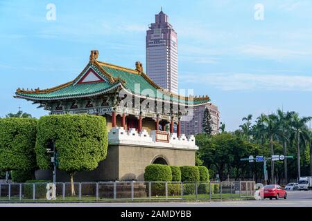 Historic east gate of Taipei City. Old chinese architecture witch colorful roof and clear blue sky Stock Photo