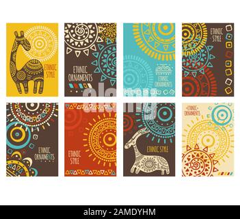 Set of ethnic banner, background, flyer, placard with tribal ornaments of red, yellow, blue and brown colors. Vertical vector poster, template card, s Stock Vector