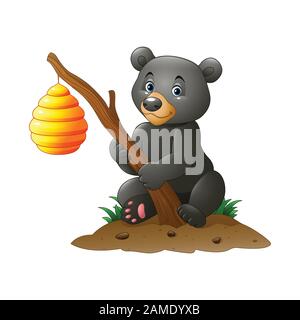 Cartoon bear holding branch with bee hive Stock Vector