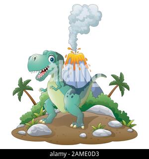 Cartoon happy dinosaur in the prehistoric background Stock Vector