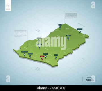 Stylized map of Ghana. Isometric 3D green map with cities, borders, capital Accra, regions. Vector illustration. Editable layers clearly labeled. Engl Stock Vector