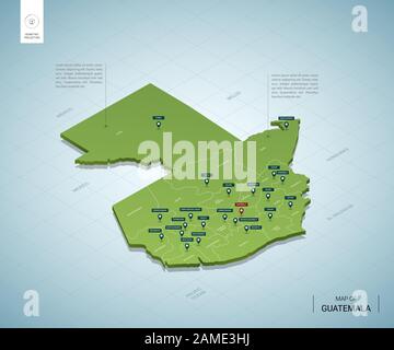 Stylized map of Guatemala. Isometric 3D green map with cities, borders, capital, regions. Vector illustration. Editable layers clearly labeled. Englis Stock Vector