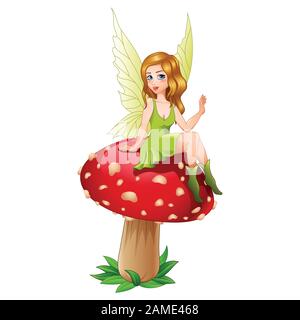 Cartoon fairy sitting on mushroom Stock Vector