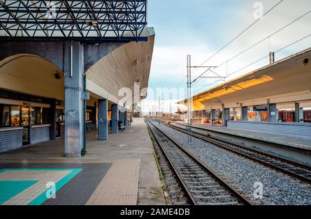 Leianokladi / Greece -  December 7 2014: View of the railway station, situated between Lamia and Leianokladi in Phthiotis, central Greece. Stock Photo