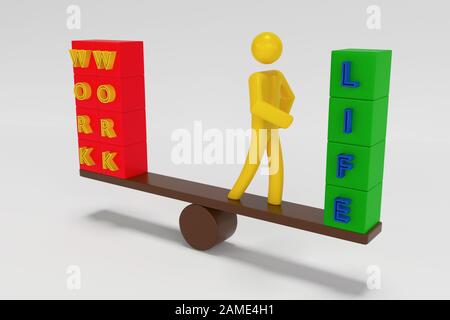 The balance of work and life. Figurine of a businessman standing on the scales, on the one hand work, on the other hand life. 3D rendering Stock Photo