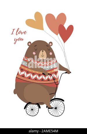 I love you. Cute bear on a bicycle with heart-shaped balloons in hand drawn style on white. Funny vector illustration. Stock Vector