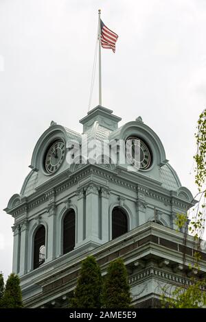 Prineville, Oregon - May 15, 2015: The Clock Tower Atop the Crook County Courthouse Stock Photo