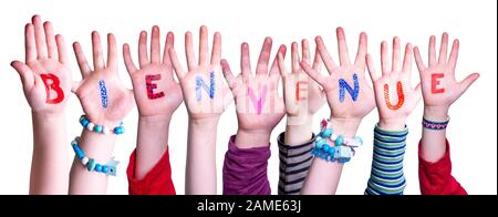 Children Hands Building Colorful French Word Bienvenue Means Welcome. White Isolated Background Stock Photo