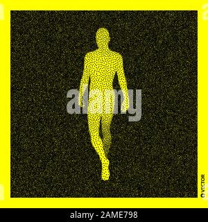 Walking Man. 3D Human Body Model. Black and yellow grainy design. Stippled vector illustration. Stock Vector