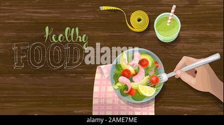 Vegetable and shrimp fresh salad bowl smoothie top view. Fitness ration diet measuring tape. Tomato, avocado, lettuce on wooden table background Stock Vector