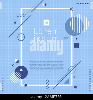 Creative template rectangle border frame blue geometric circle, triangle, rounded line, square on grid texture background minimal style. You can use f Stock Vector