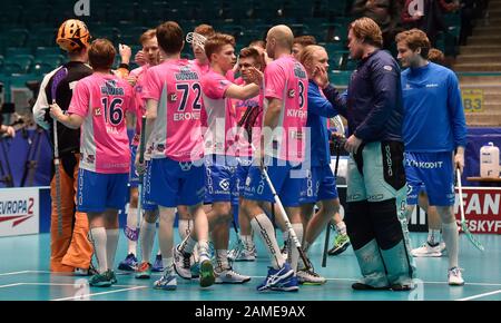Ostrava, Czech Republic. 12th Jan, 2020. Classic floorball players celebrate win after the IFF Floorball Champions Cup 2020, men's 3rd place match between 1st SC Vitkovice (Czech Republic) and Classic (Finland), on January 12, 2020, in Ostrava, Czech Republic. Credit: Jaroslav Ozana/CTK Photo/Alamy Live News Stock Photo