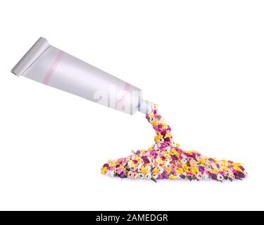 Plastic tube with colorful flowers Mock-Up isolated on white background Stock Photo
