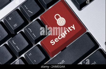 computer keyboard with red security key button concept image Stock Photo