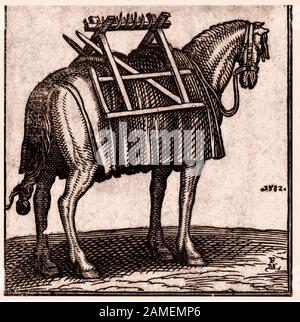 The history of Ottoman Empire. Turkish cavalry. A sumpter horse. By Melchior Lorck. 16th century Stock Photo