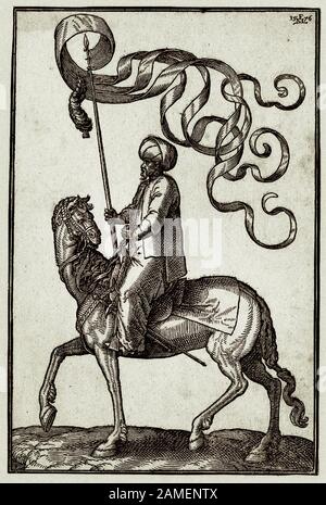 The history of Ottoman empire. Man on horseback holding a lance with a large banderole and wearing a turban. By Melchior Lorck. 16th century Stock Photo