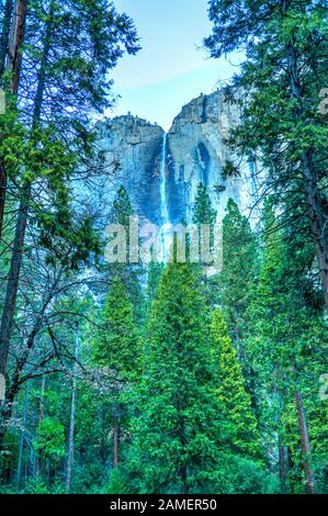 View of a waterfall fading into the forest, Yosemite National Park, California, United States. Stock Photo