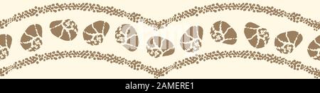 seashells silhouetted and waves border print in sand color Stock Vector