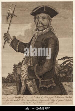 The brave old Hendrick, the great Sachem or chief of the Mohawk Indians, one of the six nations now in alliance with, and subject to the king of Great Britain  Printmakers include James McArdell, Benson John Lossing and Charles Spooner.  Draughtsmen include David McNeely Stauffer. Title from Calendar of Emmet Collection. Citation/reference : EM1; The brave old Hendrick, the great Sachem or chief of the Mohawk Indians, one of the six nations now in alliance with, and subject to the king of Great Britain. Stock Photo