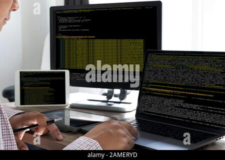 Programming code abstract technology background Developer programming and coding technology  software developer and Computer script Stock Photo