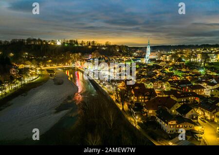 Night City Bad Toelz Aerial HDR. Long Exposure. Isar River Kalvarienberg Churches. Bavaria Germany Europe Stock Photo