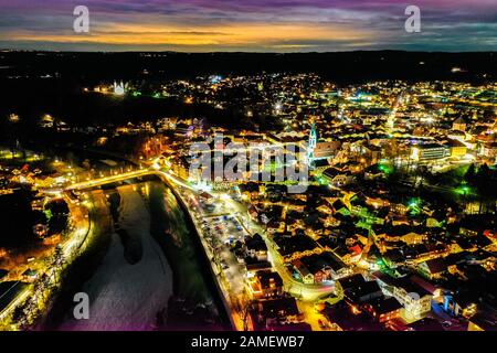 Night City Bad Toelz Aerial HDR. Long Exposure. Isar River Kalvarienberg Churches. Bavaria Germany Europe Stock Photo