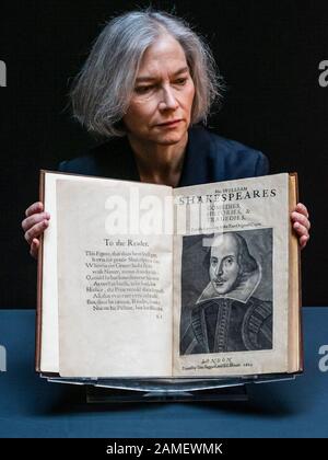 London, UK. 13th Jan 2020. Christie’s unveils William Shakespeare’s Comedies, Histories, & Tragedies, often referred to as the “First Folio,”.  Estimated at US$4,000,000-6,000,000, it will be auctioned at Christie’s in New York on 24 April. Christie’s exhibition will be on view to the public from 13-19 January. Credit: Guy Bell/Alamy Live News Stock Photo