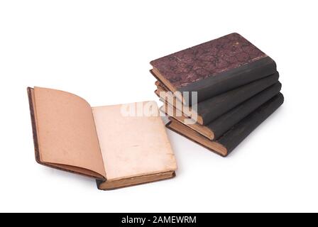 Old book open on both blank shabby pages with stains and scratches. Stock Photo