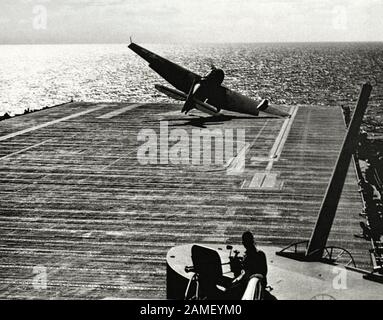 The photo shows the unsuccessful test take-off of the Grumman TBF Avenger torpedo bomber from desk of the Ticonderoga aircraft carrier. Pacific. July Stock Photo