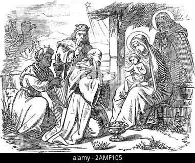 Vintage drawing or engraving of biblical story of three wise men or kings visiting newborn Jesus in Bethlehem and giving him gifts.Bible, New Testament,Matthew 2. Biblische Geschichte , Germany 1859. Stock Vector