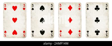 Four Playing Cards Isolated on White Background, Showing Three from Each Suit - Hearts, Clubs, Spades and Diamonds. Stock Photo