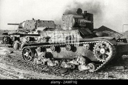 Destroyed Soviet T-26 light tank and KV-1 heavy tanks from the 3rd tank division of the Red Army, lost on July 5, 1941 in battles against the German 1 Stock Photo