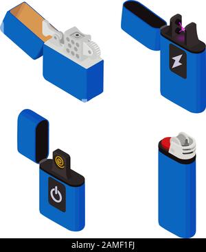 Cigarette lighter icons set. Isometric set of cigarette lighter vector icons for web design isolated on white background Stock Vector