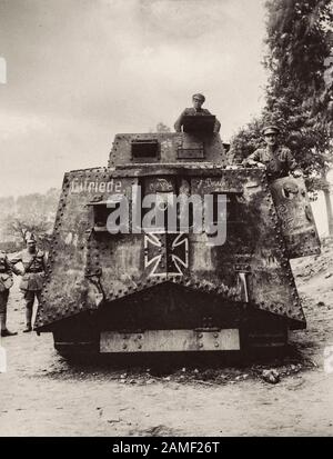 German A7V 'Elfriede' captured by Australian soldiers. 1918 The first tank captured from the Germans, was 'Elfriede'. It was salvaged by the French at Stock Photo