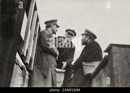 Lenin, Trotsky and Kamenev after their speeches in front of the Red Army, traveling to the Polish front, 5th of May 1920. Stock Photo