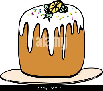 Easter cake with colorful sprinkles in cartoon style isolated in white background. Hand drawn Happy Easter symbol. Paschal cake with candle on plate. Stock Vector