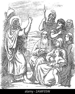 Vintage drawing or engraving of biblical story of John the Baptist baptizing people in the Jordan River.Bible, New Testament,Matthew 3. Biblische Geschichte , Germany 1859. Stock Vector