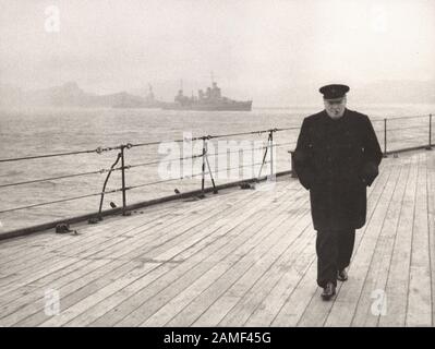 Winston Churchill on board the battleship HMS Prince of Wales during his journey to America to meet President Roosevelt, August 1941. Stock Photo