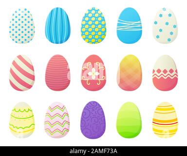 Cartoon Easter eggs set with different colorfur gradien paint,stripes, dots and patterns. Spring holiday concept in flat style. Stock vector Stock Vector