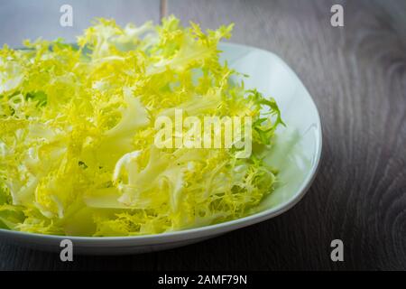 Green frisee lettuce on a white bowl (closeup) Stock Photo