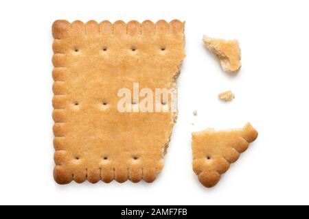 Single broken rectangular butter biscuit isolated on white. Top view. Stock Photo