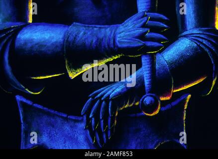 Close up on the crossed arms of Sir Real, knight in armour ultra violet trompe l'oeil painting, 50 Aston Street, Oxford, UK Stock Photo