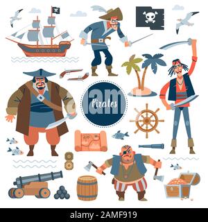 Pirates. Collection of adorable pirates, sail ship, sea fish and treasure chest, isolated on white background. Childish vector illustration in flat Stock Vector