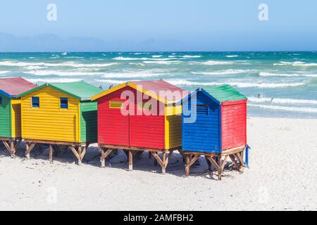 Cape Town colored beach huts (changing bath houses)  on Muizenberg beach in Western Cape, South Africa