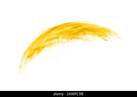 Creative yellow splash in the shape of feather on a white background with copy space. Abstract yellow dust cloud. Stock Photo