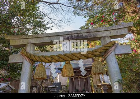 Sacred rope, or shimenawa, and zigzag streamers, or shide, on torii gate to small local shinto shrine, Kanazawa, Japan. Stock Photo