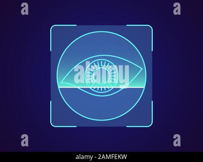 Eye iris recognition. Biometric scanning system for human eye, holographic interface of person identification. Iris eye ID technology. System recognit Stock Vector