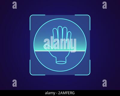 Palm print recognition. Biometric scanning system for human palm, holographic interface of person identification. Hand ID technology. System recogniti Stock Vector