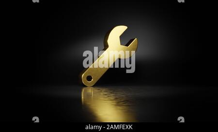 gold metal symbol of wrench with small hole 3D rendering with blurry reflection on floor with dark background Stock Photo